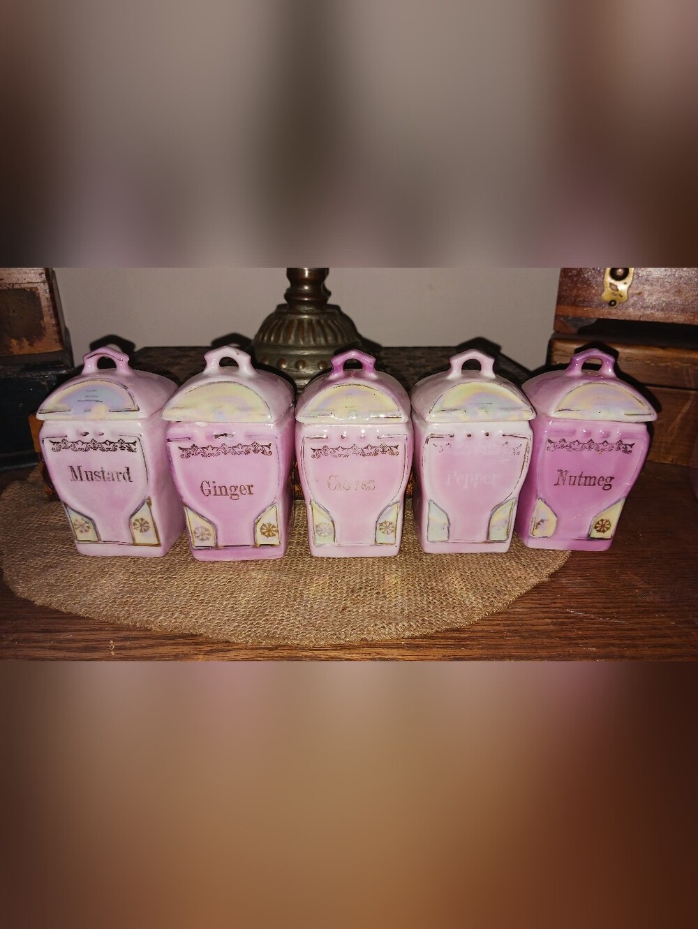 5 Piece German. Lusterware Pink And Pearl Seasoning Canisters.